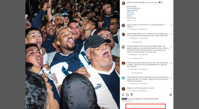 Jefferson Farfán limita sus comentarios. Fuente: Instagram.