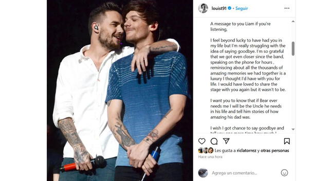 Louis Tomlinson envía desgarrador mensaje tras la muerte de Liam Payne. Fuente: Instagram.