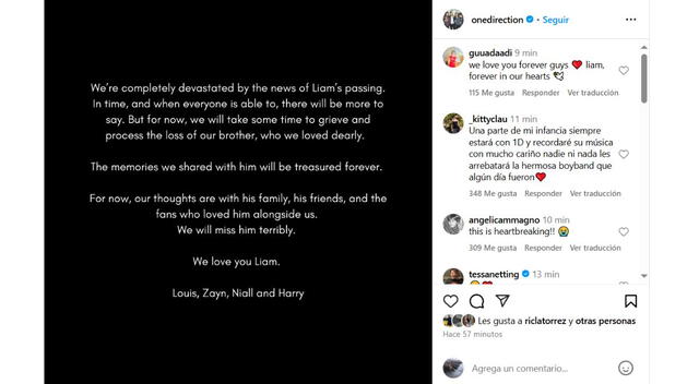 One Direction se pronuncia sobre la muerte de Liam Payne. Fuente: Instagram.