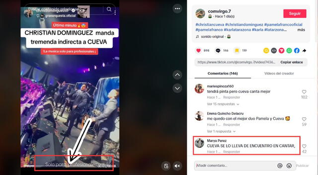 Usuarios reaccionan a indirecta de Christian Domínguez. Fuente: TikTok.