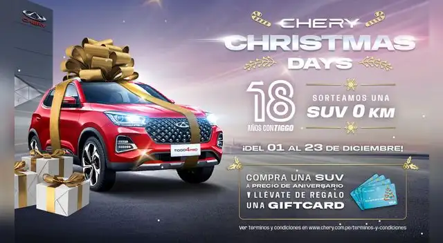 La campaña "Chery Christmas Days", ofrece la oportunidad de ganar una SUV Tiggo 4 Pro 0 KM. Fuente: Difusión.