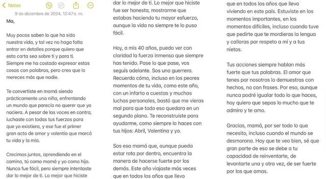 Esta es la carta de Julián Zucchi a su mamá. Fuente: Instagram.