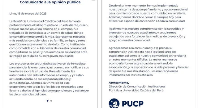 PUCP envía comunicado tras fallecimiento de su estudiante. PUCP envía comunicado tras fallecimiento de su estudiante.