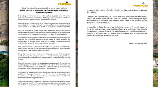 Minera Poderosa confirma la muerte de los 13 trabajadores desaparecidos. Minera Poderosa confirma la muerte de los 13 trabajadores desaparecidos.