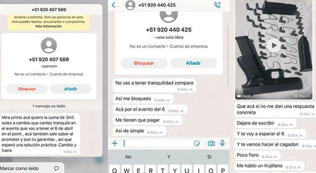 Mensajes de extorsión que ha recibido Aldair Armas.  