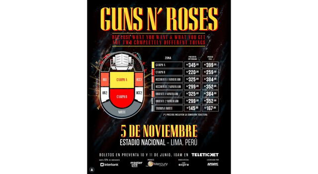 Precio de entradas al concierto de Guns N' Roses. Fuente: Instagram. Precio de entradas al concierto de Guns N' Roses. Fuente: Instagram.
