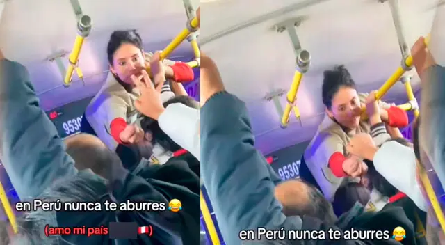Cobradora no duda en subirse a la baranda para recibir los pasajes.