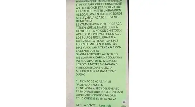 Mensaje extorsivo a Pamela Franco. Fuente: Difusión. Mensaje extorsivo a Pamela Franco. Fuente: Difusión.