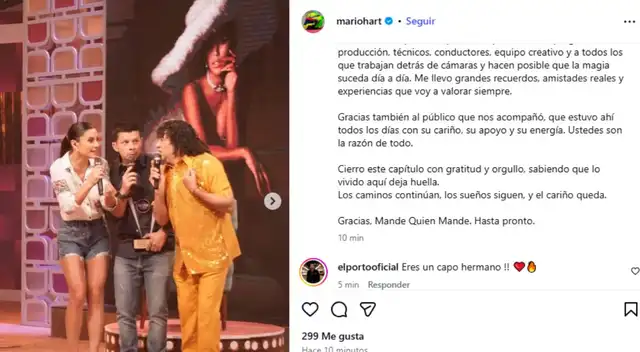 <em>Mario Hart se despide de 'Mande quien Mande'. Captura: Instagram</em>   