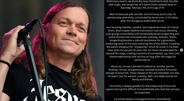 Brad Arnold falleció a los 47 tras luchar contra el cáncer de riñón.  