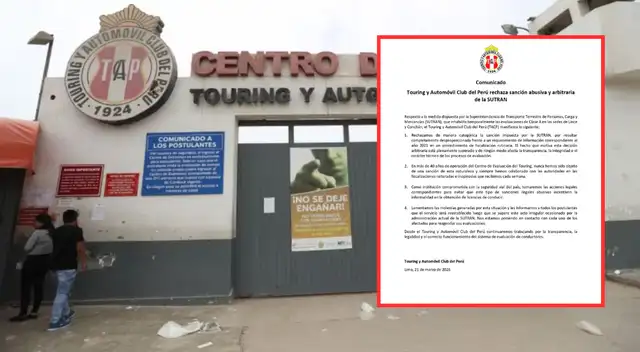 Touring y Automóvil Club del Perú califica de "abusiva" la sanción impuesta por Sutran.