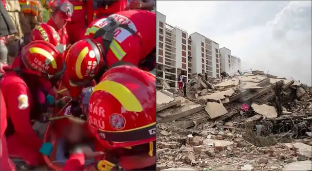 Bomberos peruanos rescatan a adulta mayor tras 86 horas atrapada bajo edificio colapsado por terremoto en Venezuela.