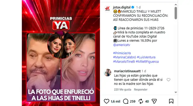 Hijas de Marcelo Tinelli estarían enojadas por reconciliación de su papá con Milett Figueroa. Hijas de Marcelo Tinelli estarían enojadas por reconciliación de su papá con Milett Figueroa.