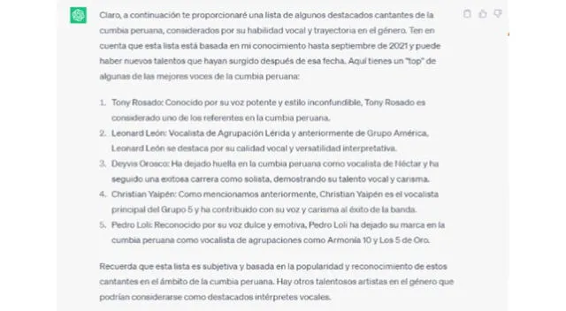 Otros artistas destacados en la cumbia, según ChatGPT. Otros artistas destacados en la cumbia, según ChatGPT.