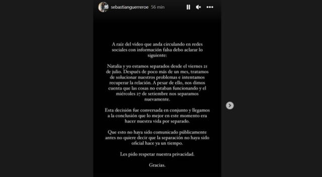 Sebastián Guerrero da su versión y niega infidelidad a Natalia Merino. Fuente: Instagram.