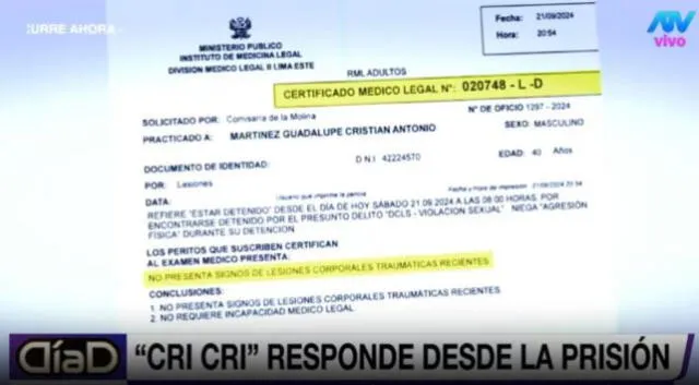 Exámenes forenses refutan la acusación de violación contra Cristian Martínez Guadalupe.Captura TV - Día D. Exámenes forenses refutan la acusación de violación contra Cristian Martínez Guadalupe.Captura TV - Día D.