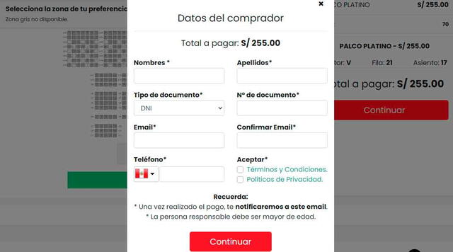 El último paso para comprar tus entradas. - FUENTE: Joinnus. 