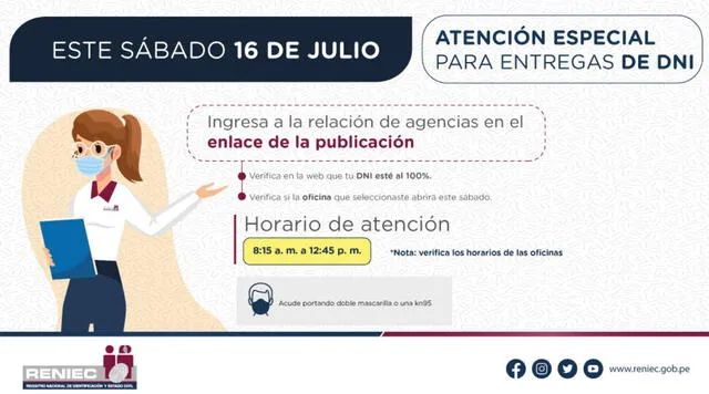  Oficinas de RENIEC atenderán hoy sábado 16 de julio.   