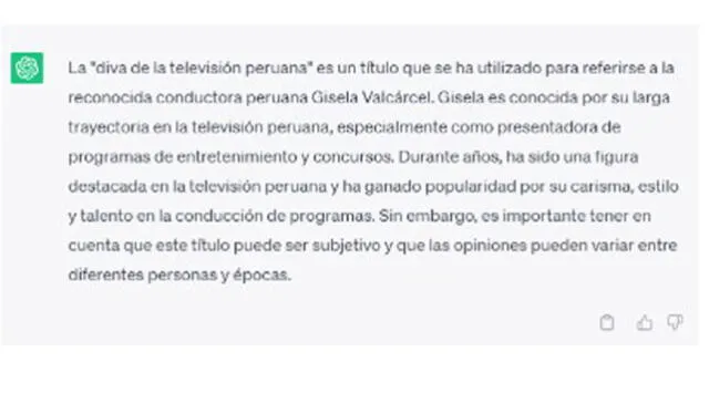  ChatGPT reveló a quién considera la diva de la tv peruana. Foto: Captura ChatGPT    