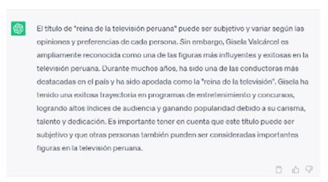 ChatGPT reveló a quién considera la reina de la tv peruana. Foto: Captura ChatGPT    