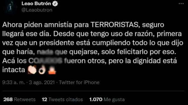 El mensaje de Leao Butrón contra los seguidores de Pedro Castillo. | FUENTE: Twitter.   