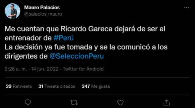 El mensaje del periodista argentino sobre el futuro de Ricardo Gareca. / FUENTE: Twitter.   