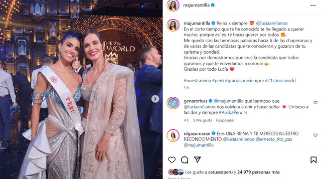  Maju Mantilla felicita a Lucía Arrellano Tras el Miss Mundo 2024.