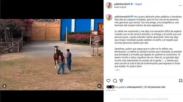 Pablo Heredia dedicó publicación a Samahara Lobatón.