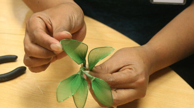 PASO 4. Arma el armazón de las hojas y forra con nailon verde. Coloca dos o tres hojas en un tallo forrado con floratape.