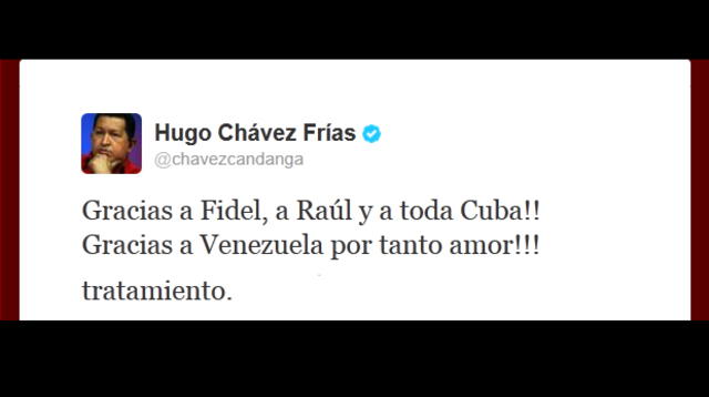 Tuit de Hugo Chávez informando de su llegada a Venezuela.