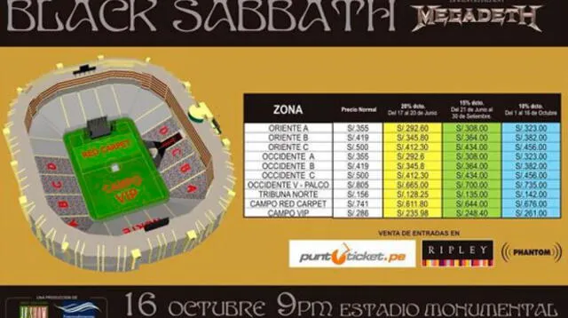 Fecha, precio y zonas para el concierto de Black Sabbath.