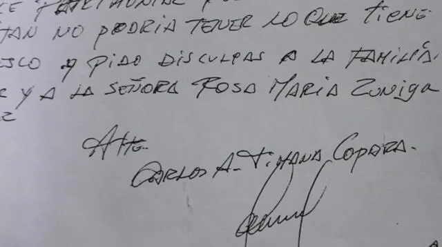 Esta es la misiva que Carlos Timaná envió a El Popular. Aquí, la firma del avezado delincuente.