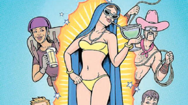 Virgen en bikini y con coctel causa polémica.