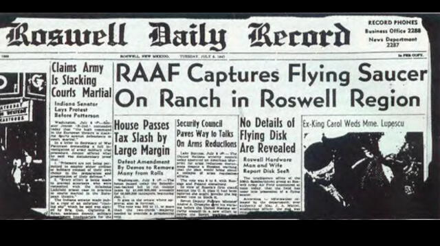 OVNI en Roswell: Recuerda la portada del Roswell Daily Record.