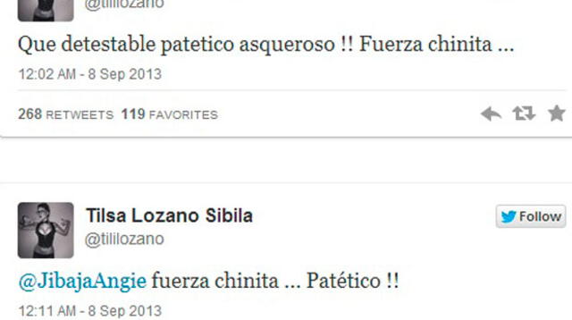 Tilsa Lozano mandó mensajes vía Twitter en apoyo a su amiga Angie Jibaja.