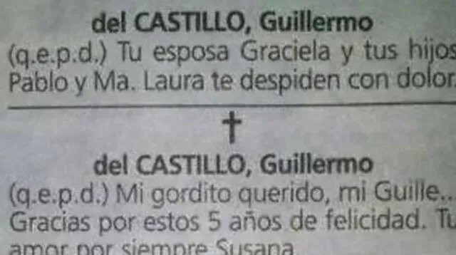 Guillermo del Castillo dejó al descubierto su infidelidad 'después de muerto' con esta esquela
