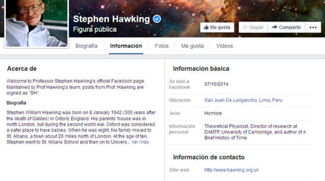 Captura de la información de perfil del Facebook de Stephen Hawking.