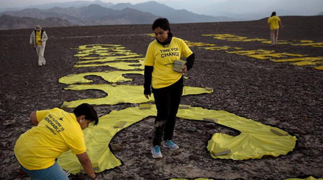 Video captado por drone muestra que 'C' de Greenpeace quedó grabada en las Líneas de Nasca.