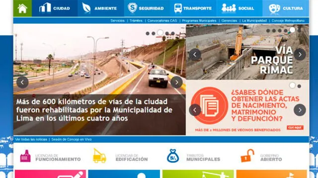 Pantallazo de la web de municipio de Lima captado el 1 de enero a las tres de la tarde.
