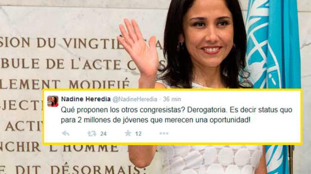 Nadine Heredia deja clara su posición en Twitter: no desea que el Congreso deroge Ley Pulpín.