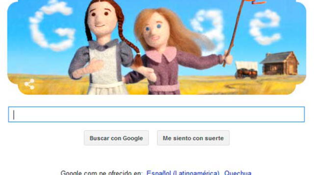 Laura Ingalls Wilder aparece en el doodle de google del 7 de febrero del 2015.