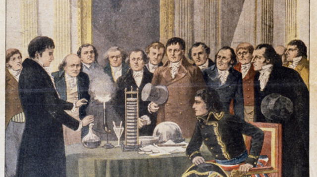 Cuadro refleja cómo se habría realiado el encuentro entre Alessandro Volta y el emperador Napoleón Bonaparte.