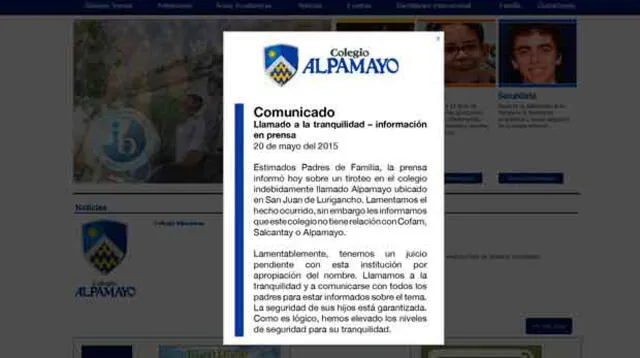 El colegio Alpamayo de Ate publicó un comunicado en su página web