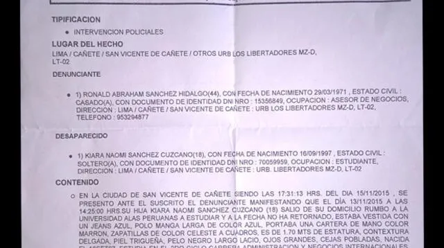 Kiara Sánchez Cuzcano y la denuncia de su desaparición.