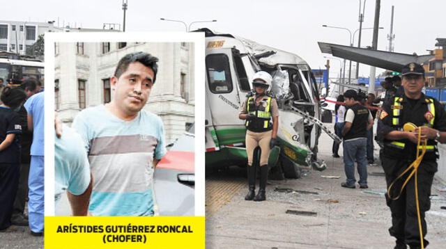 Así quedó el vehículo de transporte público subido en el paradero y parcialmente destruido.