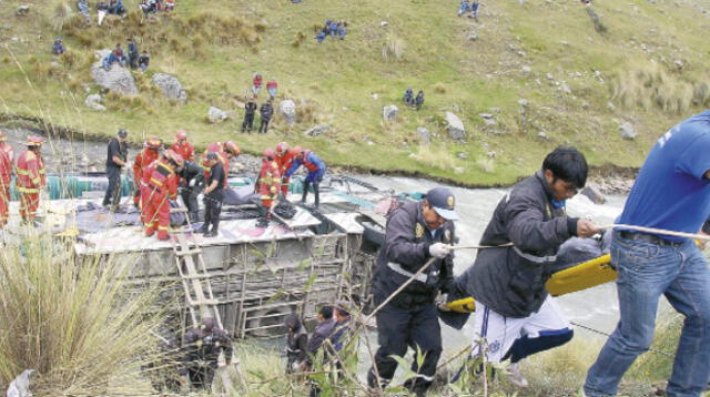 Personal de la Dirección Regional de Salud rescató los cadáveres en el bus que cayó al río.