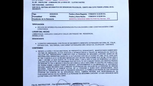 Denunció a Benjamín en comisaría de Lambayeque