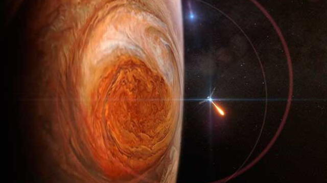 Ilustración de cómo sería la llegada de Juno (al lado izquierdo de la foto) a la órbita de Júpiter