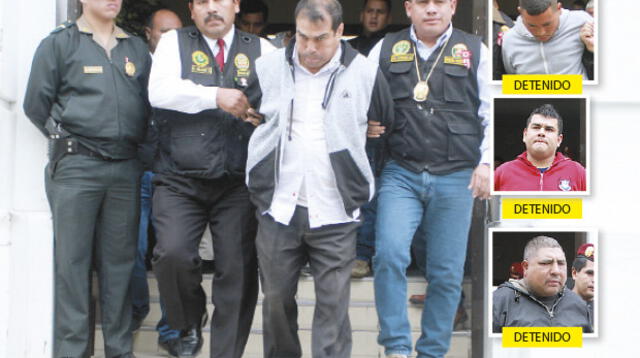 Jorge Alejandro Gutiérrez, quien intentó engañar a la policía haciéndose pasar como vigilante, es trasladado. Al lado, los otros tres capturados