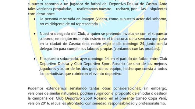 este es el comunicado del club Sport Rosario haciendo los descargos